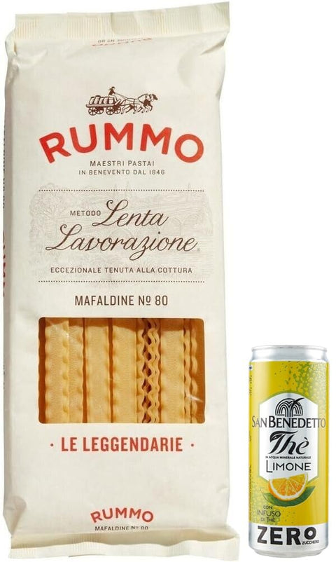 Rummo Eistee 24er-Pack Rummo Pasta Mafaldine N°80,Italienische Nudeln aus Hartweizengrieß,500g + 1er-Pack Kostenlos San Benedetto Eistee mit Zitrone Ohne Zucker 330ml Dose 8008343200806