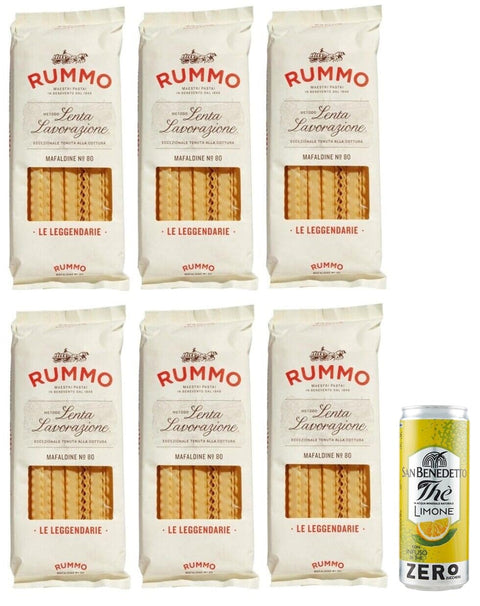 Rummo Eistee 6er-Pack Rummo Pasta Mafaldine N°80,Italienische Nudeln aus Hartweizengrieß,500g + 1er-Pack Kostenlos San Benedetto Eistee mit Zitrone Ohne Zucker 330ml Dose 8008343200806