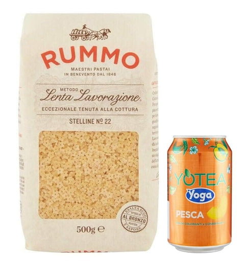 Rummo Eistee 8er-Pack Rummo Pasta Stelline N°22,Italienische Nudeln aus Hartweizengrieß,500g + 1er-Pack Yoga Eistee Pfirsich 330ml Dose 8008343200226