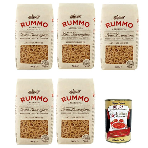 Rummo Internationale Nudeln Rummo Anelli Siciliani n° 23 Pasta Lenta Lavorazione Teigwaren aus Hartweizengrieß Bronze-Zeichnung 5x 500g Original italienisch inkl. Italian Gourmet Polpa 400g 8008343200233
