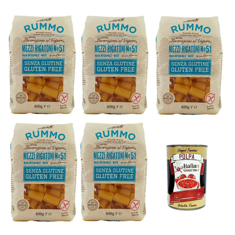 Rummo Pasta Mezzi Rigatoni N° 51 senza Glutine gluten free 100% italienische Pasta nudeln glutenfrei 5x400 g italienisch Original + kostenlos polpa 400 g