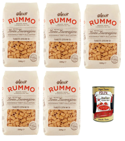 Rummo Internationale Nudeln Rummo Tubetti Zita N. 31 Hartweizengrieß Pasta Italienische Nudeln 5x 500g Packung + Italian Gourmet Polpa di Pomodoro 400g Dose 8008343200318