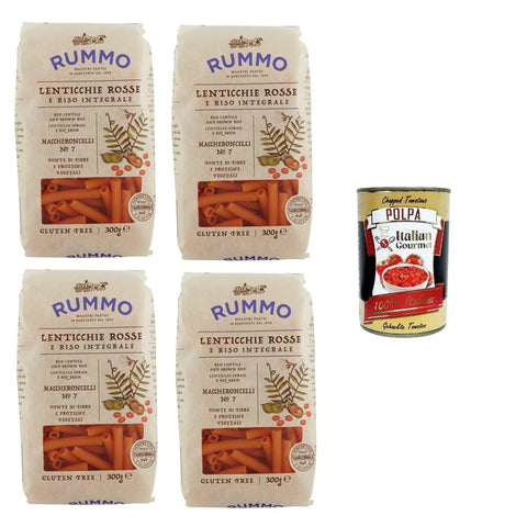 Rummo Maccheroncelli N° 7 Glutenfreie Pasta aus roten Linsen und braunem Reis. 4x300 g italienisch Original + kostenlos polpa 400 g
