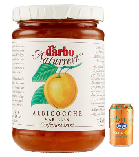 Rummo Konfitüren 12er-Pack Darbo Marmelade Confettura Naturrein Albicocche,Aprikosenkonfitüre,450g Glas + 1er-Pack Kostenlos Yoga Eistee Pfirsich 330ml Dose 8008343709668