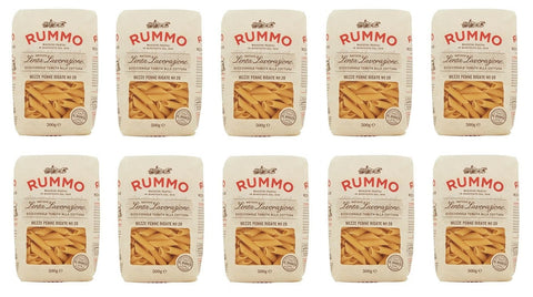 Rummo Längliche Pasta 10x Rummo Mezze Penne Rigate N°28 Pasta Lenta Lavorazione Teigwaren aus Hartweizengrieß Bronze-Zeichnung 500g 8008343200288