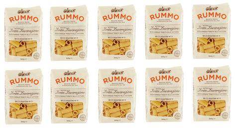 Rummo Längliche Pasta 10x Rummo Mezzi Rigatoni N°51 Pasta Lenta Lavorazione Teigwaren aus Hartweizengrieß Bronze-Zeichnung 500g 8008343200516