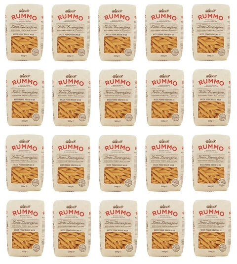Rummo Längliche Pasta 20x Rummo Mezze Penne Rigate N°28 Pasta Lenta Lavorazione Teigwaren aus Hartweizengrieß Bronze-Zeichnung 500g 8008343200288