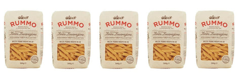 Rummo Längliche Pasta 5x Rummo Mezze Penne Rigate N°28 Pasta Lenta Lavorazione Teigwaren aus Hartweizengrieß Bronze-Zeichnung 500g 8008343200288