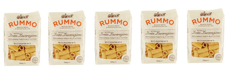 Rummo Längliche Pasta 5x Rummo Mezzi Rigatoni N°51 Pasta Lenta Lavorazione Teigwaren aus Hartweizengrieß Bronze-Zeichnung 500g 8008343200516