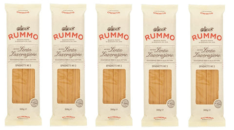 Rummo Längliche Pasta 5x Rummo Spaghetti N°3 Pasta Lenta Lavorazione Teigwaren aus Hartweizengrieß Bronze-Zeichnung 500g 8008343200035