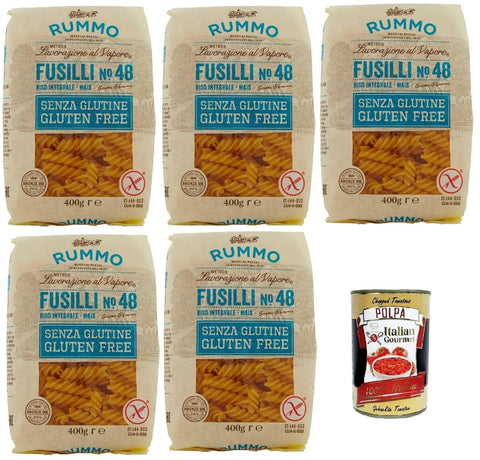 Rummo Längliche Pasta Rummo Pasta Nudeln Glutenfreie Fusilli N° 48, Bronze Gezeichnete gluteinfrei, perfekt für Menschen mit Zöliakie oder Glutenunverträglichkeit, 5x 400 g + Italian Gourmet polpa 400g 8008343880480