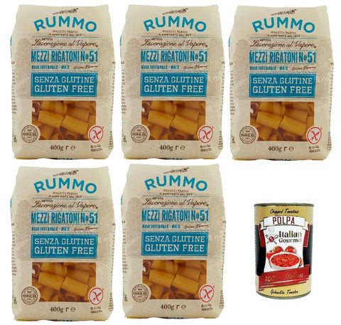 Rummo Längliche Pasta Rummo Pasta Nudeln Glutenfreie Mezzi Rigatoni N° 51, Bronze Gezeichnete gluteinfrei, perfekt für Menschen mit Zöliakie oder Glutenunverträglichkeit, 5x 400 g + Italian Gourmet polpa 400g 8008343880510