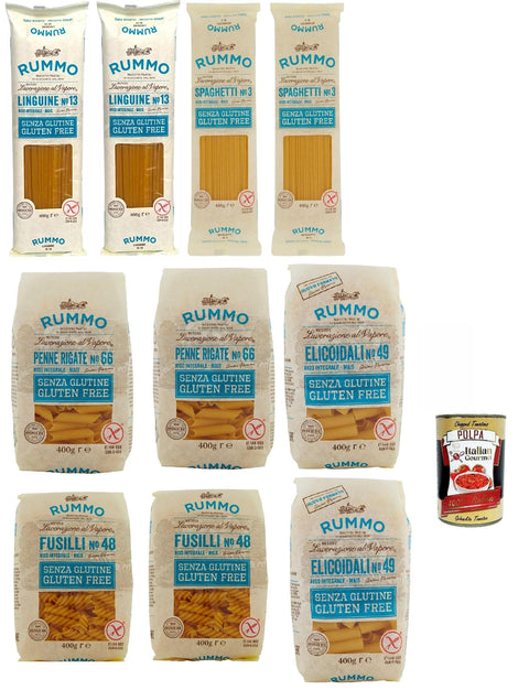 Rummo Längliche Pasta Rummo Pasta Nudeln Glutenfreie Testpaket, Bronze Gezeichnete gluteinfrei, perfekt für Menschen mit Zöliakie oder Glutenunverträglichkeit, 10x 400 g + Italian Gourmet polpa 400g 8008343880497