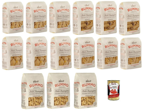 Rummo Längliche Pasta Testpaket Rummo Pasta CONCHIGLIONI RIGATI - CALAMARATA - FUSILLOTTI - PACCHERI - MEZZI PACCHERI RIGATI, Italienische Nudeln aus Hartweizengrieß, 15x 500g + Italian Gourmet polpa 400g 8008343201551