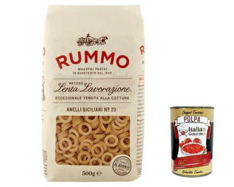 Rummo Nudeln & Pasta 10x Rummo Anelli siciliani N°23 Pasta Lenta Lavorazione Teigwaren aus Hartweizengrieß Bronze-Zeichnung 500g + Italian Gourmet polpa 400g 8008343200233