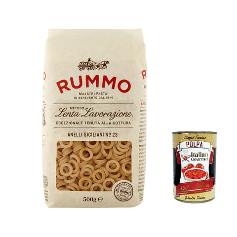 Rummo Anelli siciliani N°23 Pasta Lenta Lavorazione Teigwaren aus Hartweizengrieß Bronze-Zeichnung 500 g 10x italienisch Original + kostenlos polpa 400 g