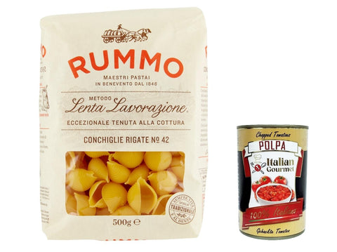 Rummo Nudeln & Pasta 10x Rummo Conchiglie rigate n.42 Pasta Lenta Lavorazione Teigwaren aus Hartweizengrieß Bronze-Zeichnung 500g + Italian Gourmet polpa 400g 8008343200424