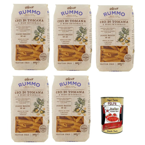 Rummo Nudeln & Pasta Rummo Ceci di Toscana e Riso Integrale Penne Rigate N° 66 senza glutine, Pasta gluten free, glutenfrei, Kichererbsen der Toskana und voller Reis 5x 500g Original italienisch inkl. Italian Gourmet Polpa 400g 8008343810661