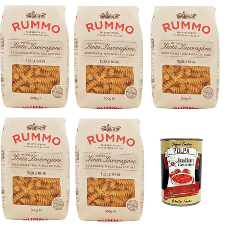 Rummo Nudeln & Pasta Rummo Fusilli n° 48 Pasta Lenta Lavorazione Teigwaren aus Hartweizengrieß Bronze-Zeichnung 5x 500g Original italienisch inkl. Italian Gourmet Polpa 400g 8008343200486