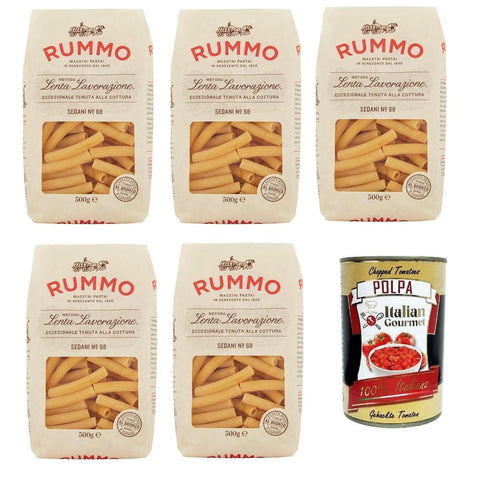 Rummo Nudeln & Pasta Rummo Sedani n° 68 Pasta Lenta Lavorazione Teigwaren aus Hartweizengrieß Bronze-Zeichnung 5x 500g Original italienisch inkl. Italian Gourmet Polpa 400g 8032804040014