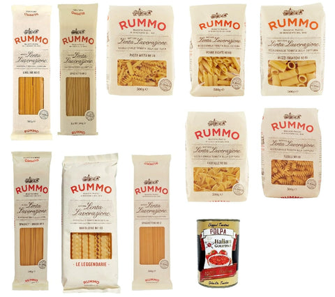 Rummo Nudeln & Pasta Testpaket Rummo Mezzi rigatoni Farfalle Fusilli Mafaldine Hartweizengrieß Pasta Italienische Nudeln 10x 500g Packung + Italian Gourmet Polpa di Pomodoro 400g Dose 8008343200851