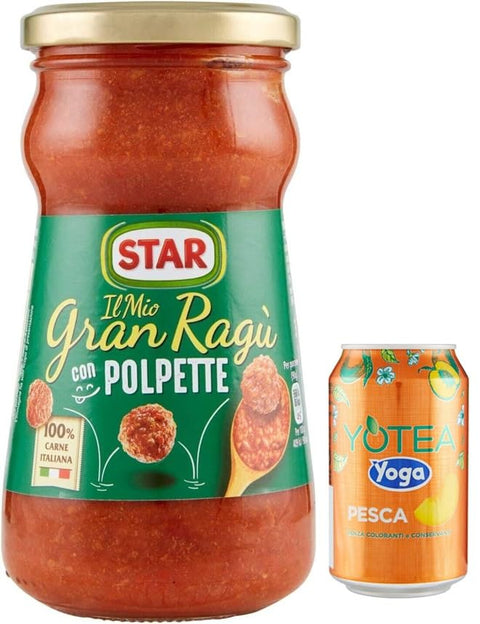 Rummo Pasten & Kochsaucen Rummo 12er-Pack Star Il Mio Gran Ragu' con Polpette,Tomatensauce mit Schweinefleisch und Fleischbällchen,360g Glas + 1er-Pack Kostenlos Yoga Eistee Pfirsich 330ml Dose 8008343709668
