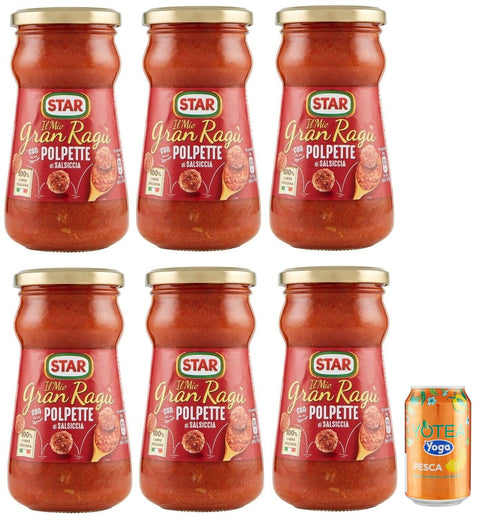 Rummo 6er Pack Star Il Mio Gran Ragu' con Polpette di Salsiccia,Tomatensauce mit Schweinefleisch und Wurst Frikadellen,360 g Glas + 1er Pack Kostenlos Yoga Eistee Pfirsich 330 ml Dose italienisch Original