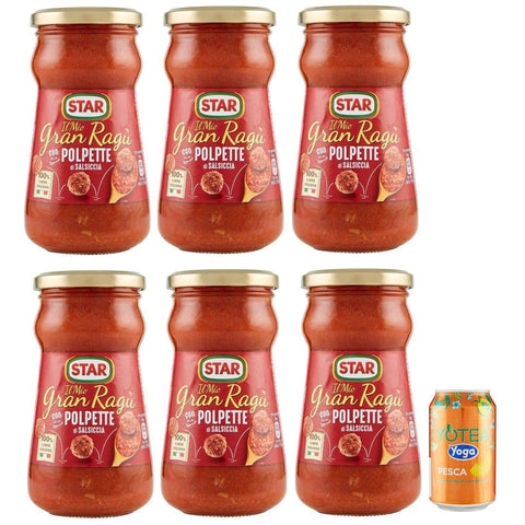 Rummo 6er Pack Star Il Mio Gran Ragu' con Polpette di Salsiccia,Tomatensauce mit Schweinefleisch und Wurst Frikadellen,360 g Glas + 1er Pack Kostenlos Yoga Eistee Pfirsich 330 ml Dose italienisch Original