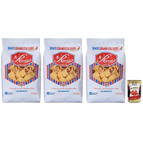 Russo Kurze Pasta Russo Calamarata N°27 Hartweizengrieß Pasta,100% Italienischer Weizen,500g-Packung 3x Original italienisch inkl. Italian Gourmet Polpa di Pomodoro 400g Dose 8000139926754