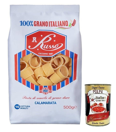Russo Calamarata N°27 Hartweizengrieß Pasta 100% Italienischer Weizen -Packung 500 g italienisch Original + gratis Polpa di Pomodoro 400 g Dose
