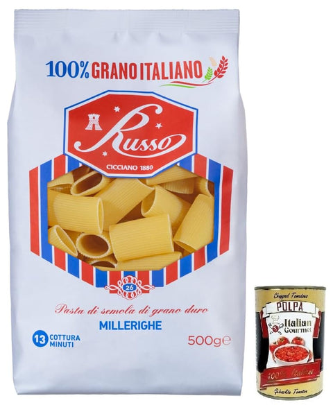 Russo Kurze Pasta Russo Millerighe N°26 Hartweizengrieß Pasta,100% Italienischer Weizen,500g-Packung + Italian Gourmet Polpa di Pomodoro 400g Dose 8000139922923