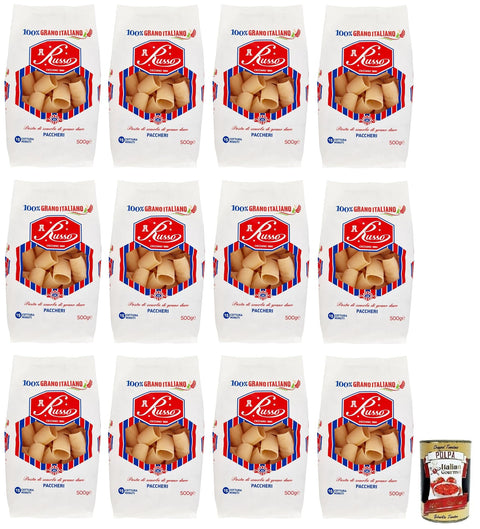 Russo Nudeln & Pasta 12x Russo Paccheri N°26 Hartweizengrieß Pasta,100% Italienischer Weizen,500g-Packung + Italian Gourmet Polpa di Pomodoro 400g Dose 8000139926730
