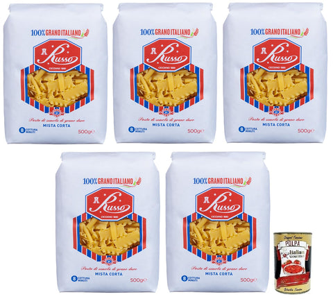 Russo Nudeln & Pasta 5x Russo Mista Corta N°51 Hartweizengrieß Pasta,100% Italienischer Weizen,500g-Packung + Italian Gourmet Polpa di Pomodoro 400g Dose 8000139923166
