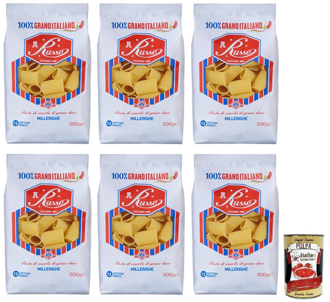 Russo Nudeln & Pasta 6x Russo Millerighe N°26 Hartweizengrieß Pasta,100% Italienischer Weizen,500g-Packung + Italian Gourmet Polpa di Pomodoro 400g Dose 8000139922923