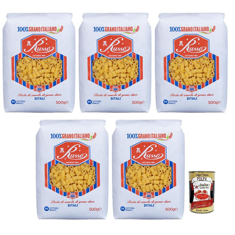Russo Nudeln & Pasta Russo Ditali N°11 Hartweizengrieß Pasta,100% Italienischer Weizen,500g-Packung 5x Original italienisch inkl. Italian Gourmet Polpa di Pomodoro 400g Dose 8000139922763