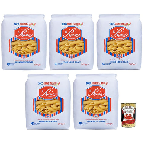 Russo Nudeln & Pasta Russo Penne Medie Rigate N°123 Hartweizengrieß Pasta,100% Italienischer Weizen,500g-Packung 5x Original italienisch inkl. Italian Gourmet Polpa di Pomodoro 400g Dose 8000139922749