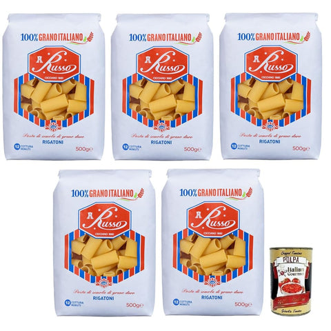 Russo Nudeln & Pasta Russo Rigatoni N°126 Hartweizengrieß Pasta,100% Italienischer Weizen,500g-Packung 5x Original italienisch inkl. Italian Gourmet Polpa di Pomodoro 400g Dose 8000139922824