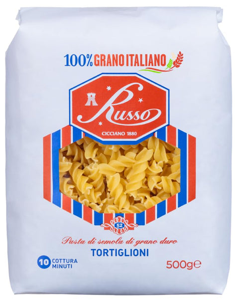 Russo Tortiglioni N°52 Hartweizengrieß Pasta 100% Italienischer Weizen -Packung 500 g italienisch Original + gratis Polpa di Pomodoro 400 g Dose