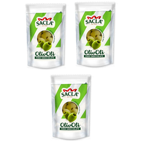 Saclà OlivOli Olive Verdi Snocciolate Entkernte Grüne Oliven Ideal für Aperitifs, Salate und zum Anreichern 3x185g Original italienisch Feinkost