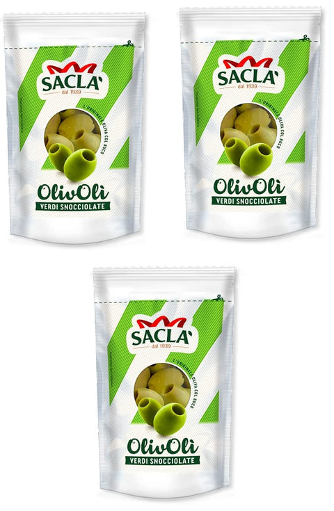 Saclà OlivOli Olive Verdi Snocciolate Entkernte Grüne Oliven Ideal für Aperitifs, Salate und zum Anreichern 3x185g Original italienisch Feinkost