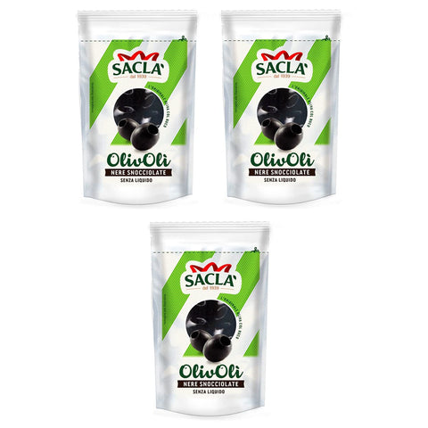 3x Saclà OlivOli Olive Nere Snocciolate Entsteinte Schwarze Oliven Ohne Flüssigkeit Ideal für Aperitifs, Salate und zum Anreichern Ihrer Gerichte 75 g Beutel