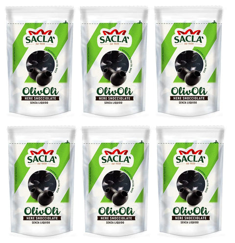 Saclà OlivOli Olive Nere Snocciolate Entsteinte Schwarze Oliven Ohne Flüssigkeit Ideal für Aperitifs Salate und zum 6x 75g italienisch Original