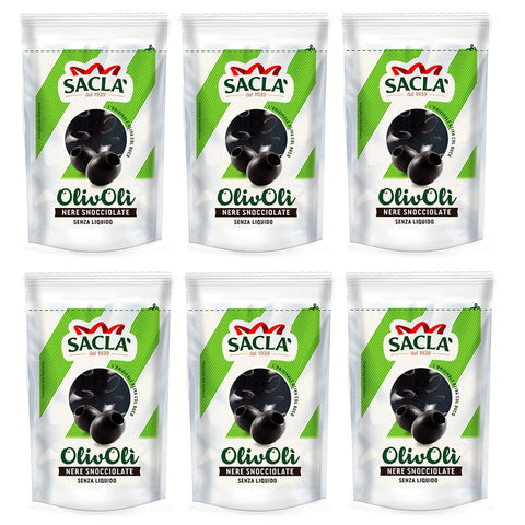 Saclà OlivOli Olive Nere Snocciolate Entsteinte Schwarze Oliven Ohne Flüssigkeit Ideal für Aperitifs Salate und zum 6x 75g italienisch Original