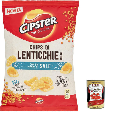 Saiwa Chips 10x Cipster di Lenticchie Rosse al sale, rote Linsenchips Mit Salz, Ikonische Form und knuspriger Geschmack, 80g + Italian Gourmet polpa 400g 7622201519506