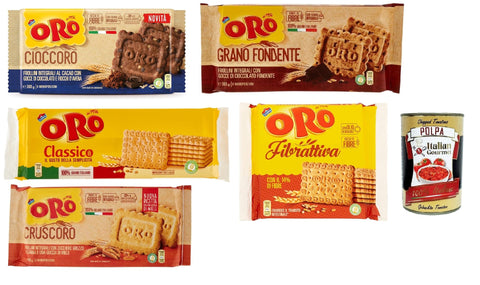 Saiwa Snack Kuchen & Backwaren Oro Saiwa Testpaket , Classico - Grano fondente - Fibrattiva - Cruscoro - Cioccoro, Shortbread kekse, cookies mit 100 % italienischer Weizen, 5 stuck + Italian Gourmet polpa 400g 7622201691042