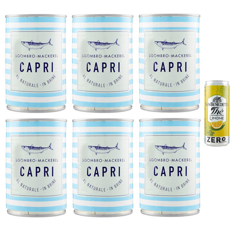 San Benedetto 6er-Pack Capri Sgombro al Naturale, Natürliches Makrele, 425 g Dose + 1er-Pack Kostenlos San Benedetto Eistee mit Zitrone Ohne Zucker 330 ml Dose
