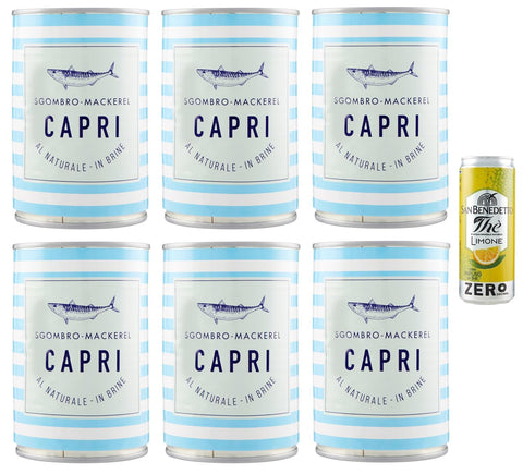 San Benedetto 6er-Pack Capri Sgombro al Naturale, Natürliches Makrele, 425 g Dose + 1er-Pack Kostenlos San Benedetto Eistee mit Zitrone Ohne Zucker 330 ml Dose