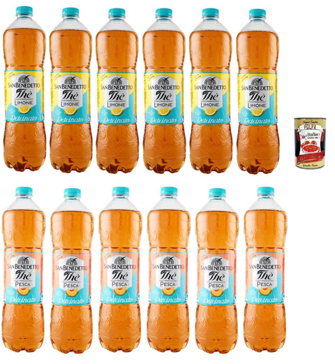 San Benedetto Eistee San Benedetto Thè Deteinato Testpaket Limone un Pesca 12x 1,5 L, entkoffeiniert Eistee The' Zitrone und Pfirsch PET Einweg, ice tea erfrischend, Ohne Konservierungsstoffe + Italian Gourmet polpa 400g 8001620002971