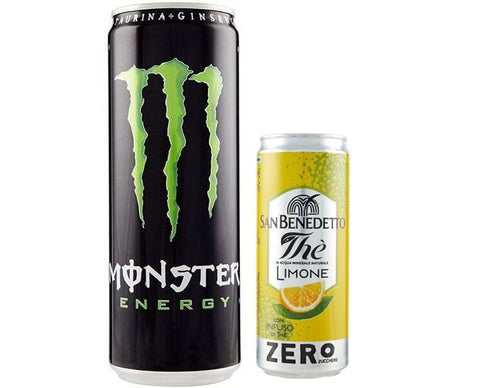 San Benedetto Pack Monster Original Energy Drink,Erfrischender alkoholfreier Energiegetränk der klassische Monster Geschmack,355 ml Einwegdose + 1er Pack San Benedetto Eistee mit Zitrone Ohne Zucker 330 ml Dose italienisch