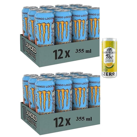 San Benedetto Energy Drinks San Benedetto Pack Monster Mango Loco Energy Drink,Erfrischender alkoholfreier Energiegetränk mit Exotischer Geschmack,24x500 ml Einwegdose + 1er Pack San Benedetto Eistee mit Zitrone Ohne Zucker 330 ml Dose italienisch Original 8001620019573